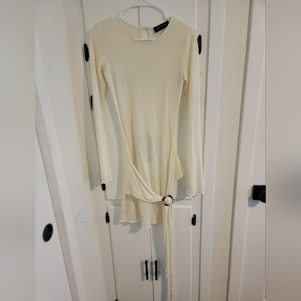 White Fox Long Sleeve Knit Tortoise Belted Ceam Mini Dress Small
